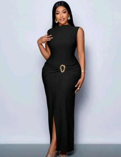 SAYD — Gold Buckle Slit Maxi Dress