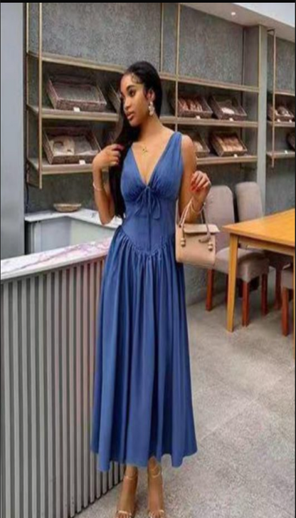 SAYD — Deep V-Neck Ruched Midi Dress